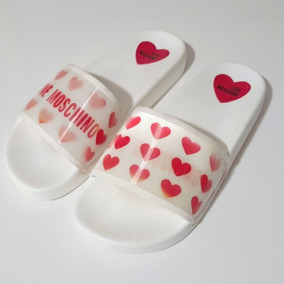 NWOT Love Moschino red & white heart print hologram flat pool slide sandals, 41 - Picture 6 of 16